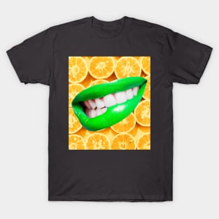 Luscious green lips on a background of zesty oranges T-Shirt